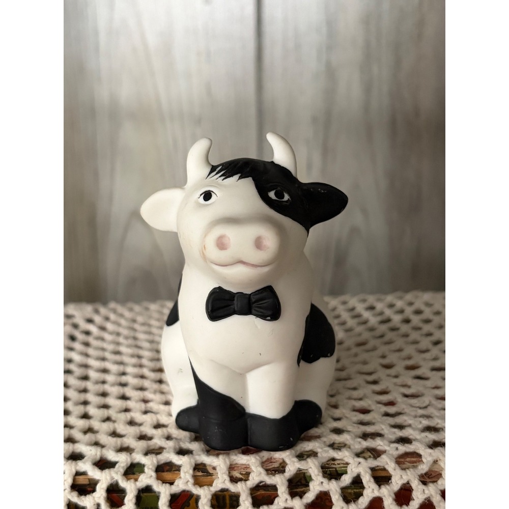 Vintage Ceramic Cow Shaker Figurine Black White Spotted Bow Tie Farmhouse Decor